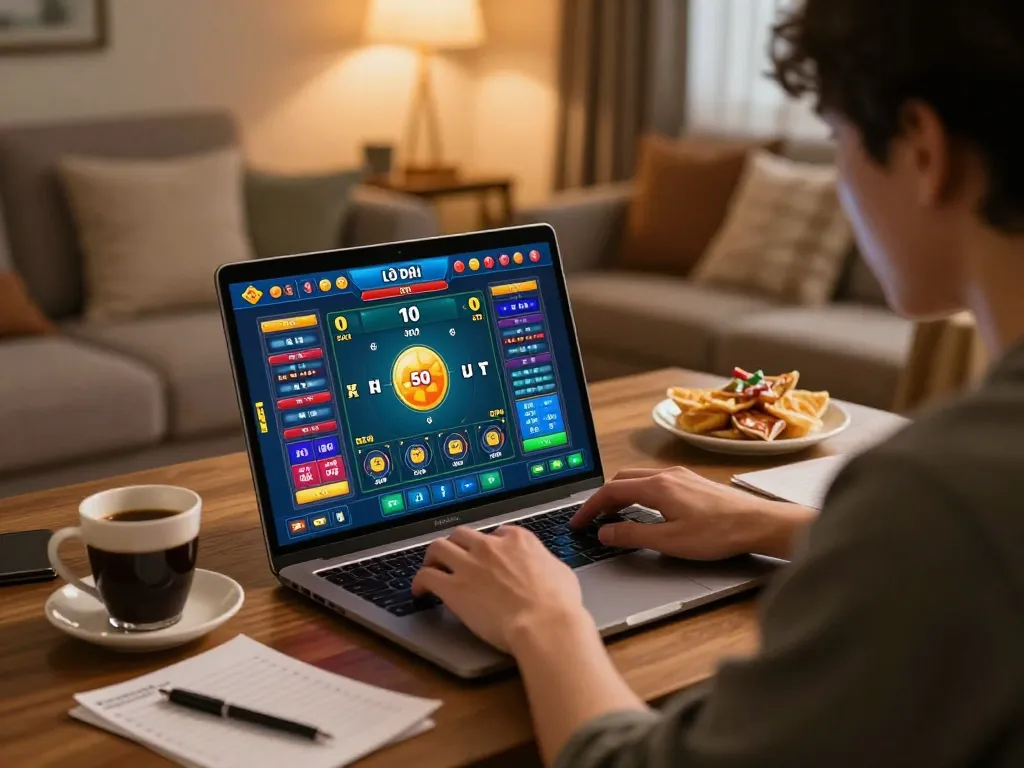 Engaging scene of a person placing bets in đánh lô đề online game while enjoying a cozy home atmosphere.