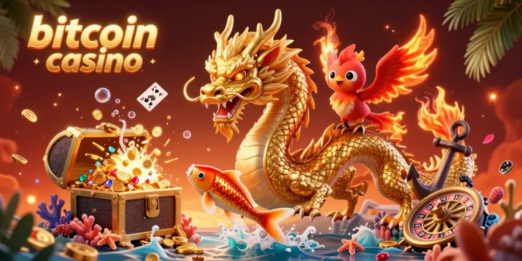Experience the vibrant action of a bitcoin casino with a majestic dragon, phoenix, and koi in a sea of coins.