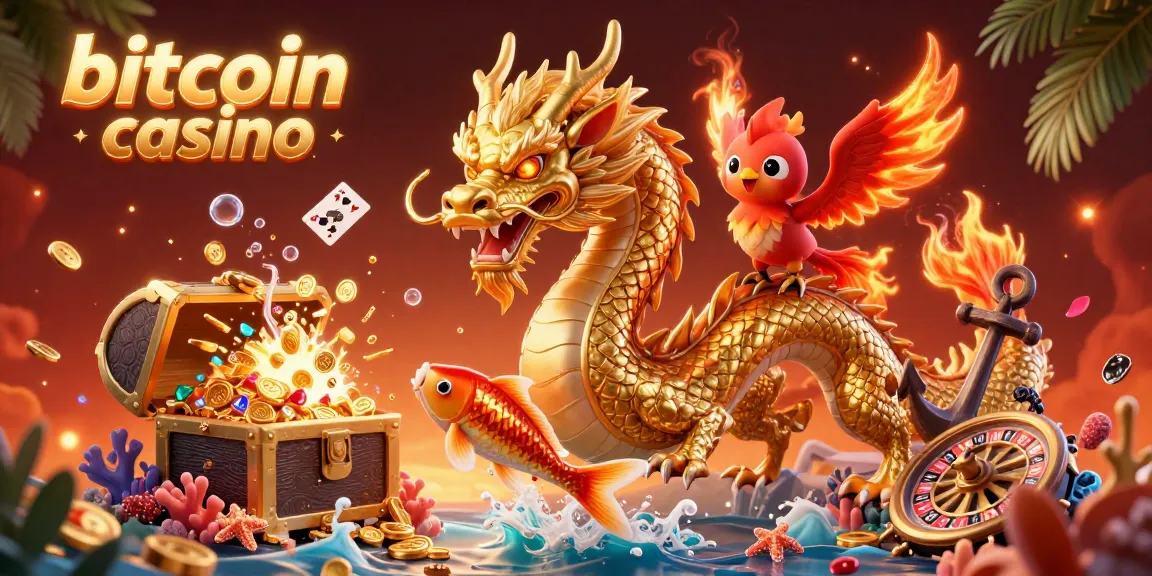 Experience the vibrant action of a bitcoin casino with a majestic dragon, phoenix, and koi in a sea of coins.