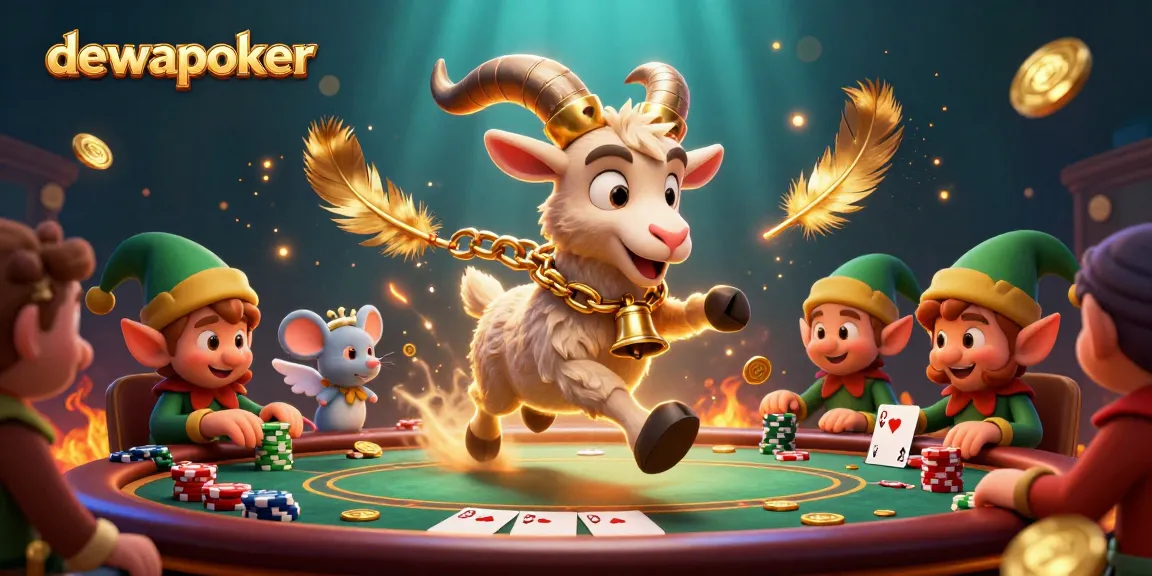 Experience thrilling poker action with dewapoker's festive casino scene featuring Krampus goat and playful characters.