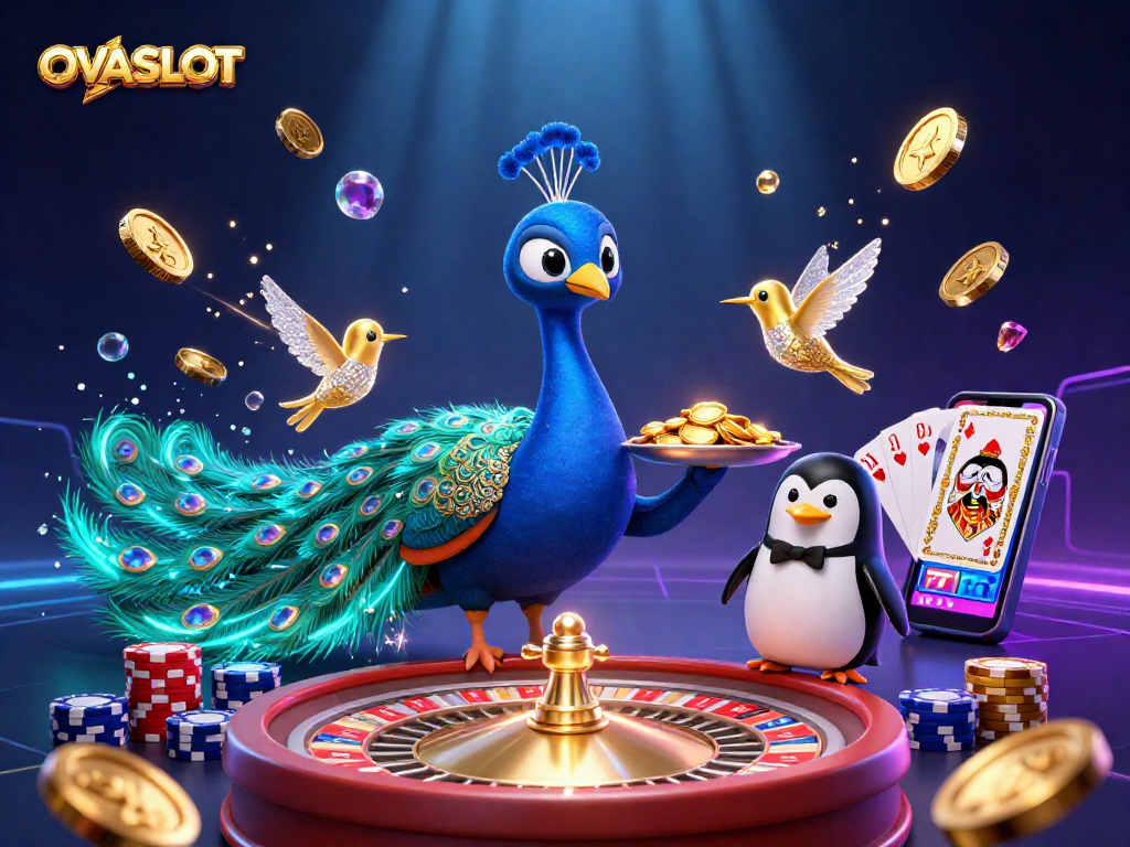 Engage with OVASLOT’s vibrant casino scene featuring casino characters and dazzling game elements.
