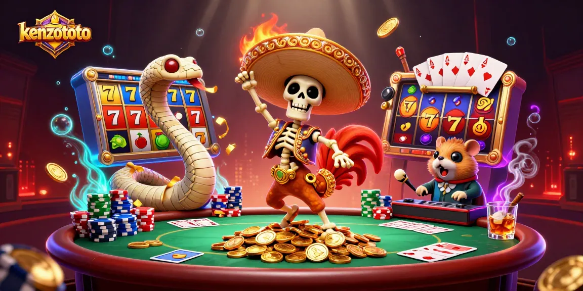Spin and win on KENZOTOTO with an exciting illustration of a festive casino scene featuring colorful slot machines and vibrant characters.