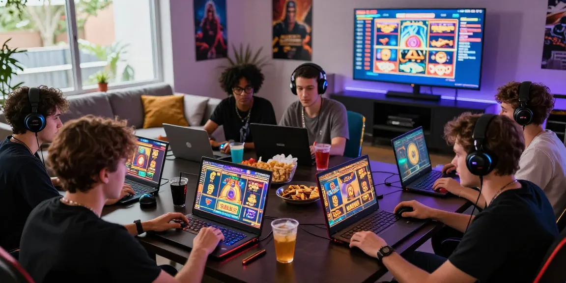 MPOCASH Official gaming scene with diverse players enjoying digital slot games in a vibrant environment.