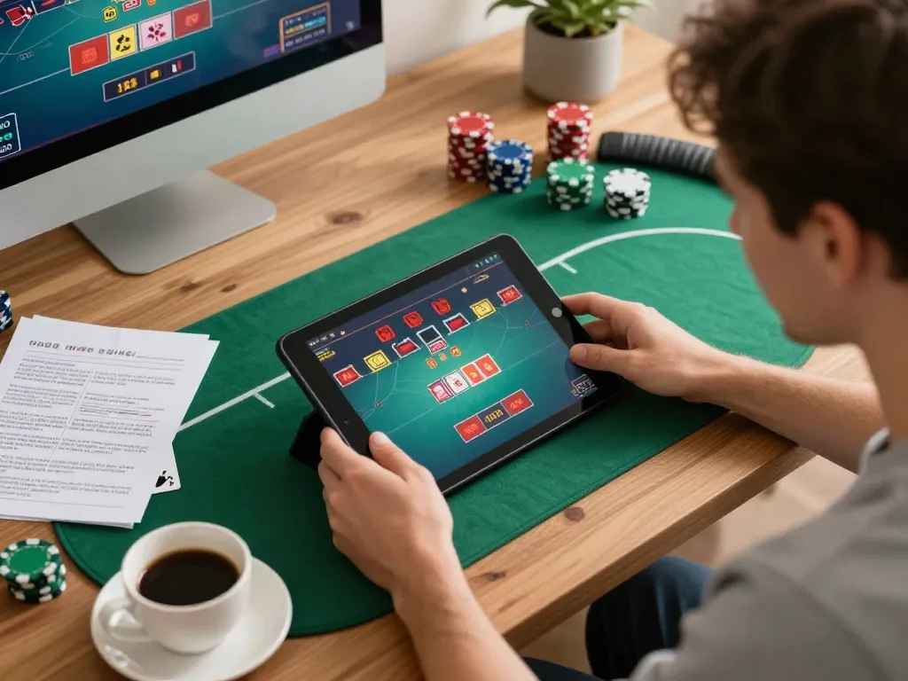 Engaged player enjoying an LC88 poker game on a tablet at home, creating a lively gaming experience.