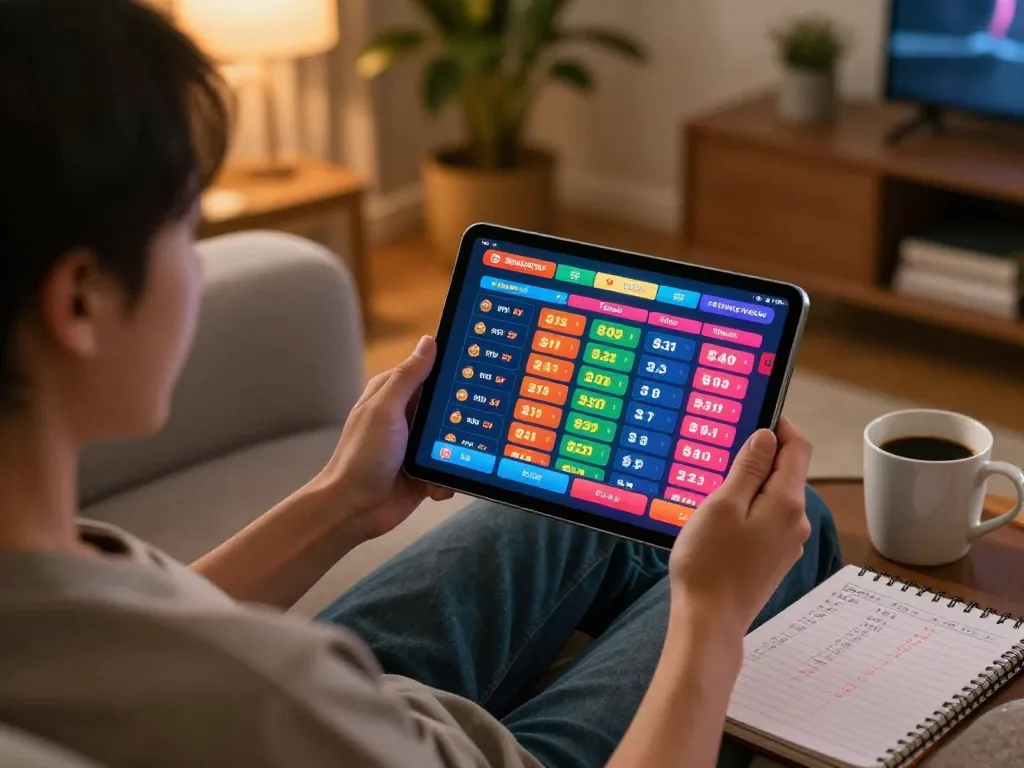 Engaging in Togel Singapore gameplay on a tablet in a cozy home setting