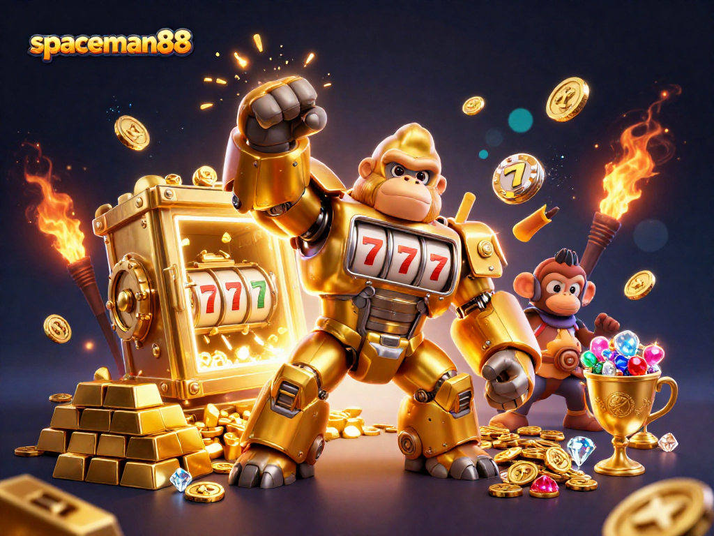 Experience the excitement of spaceman88 with an explosive golden slot scene featuring a stellar mech and treasures.
