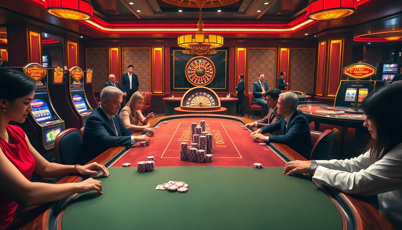 Cổng game Hit club showcases an exciting casino atmosphere with poker tables, slot machines, and enthusiastic players.