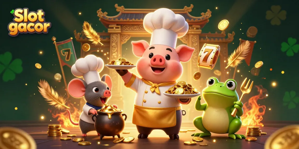 Engage in thrilling Slot gacor action with gourmet gold coins served by a chef pig.