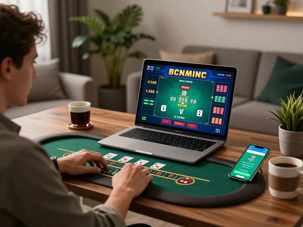 Player enjoying live blackjack on cm88viet with laptop and smartphone in a stylish room.