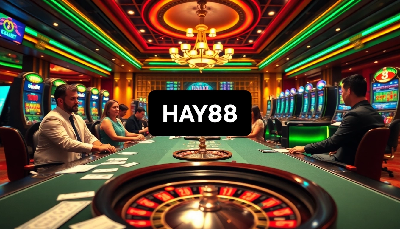 Experience the thrilling atmosphere at HAY88 with vibrant casino games and professional dealers in action.