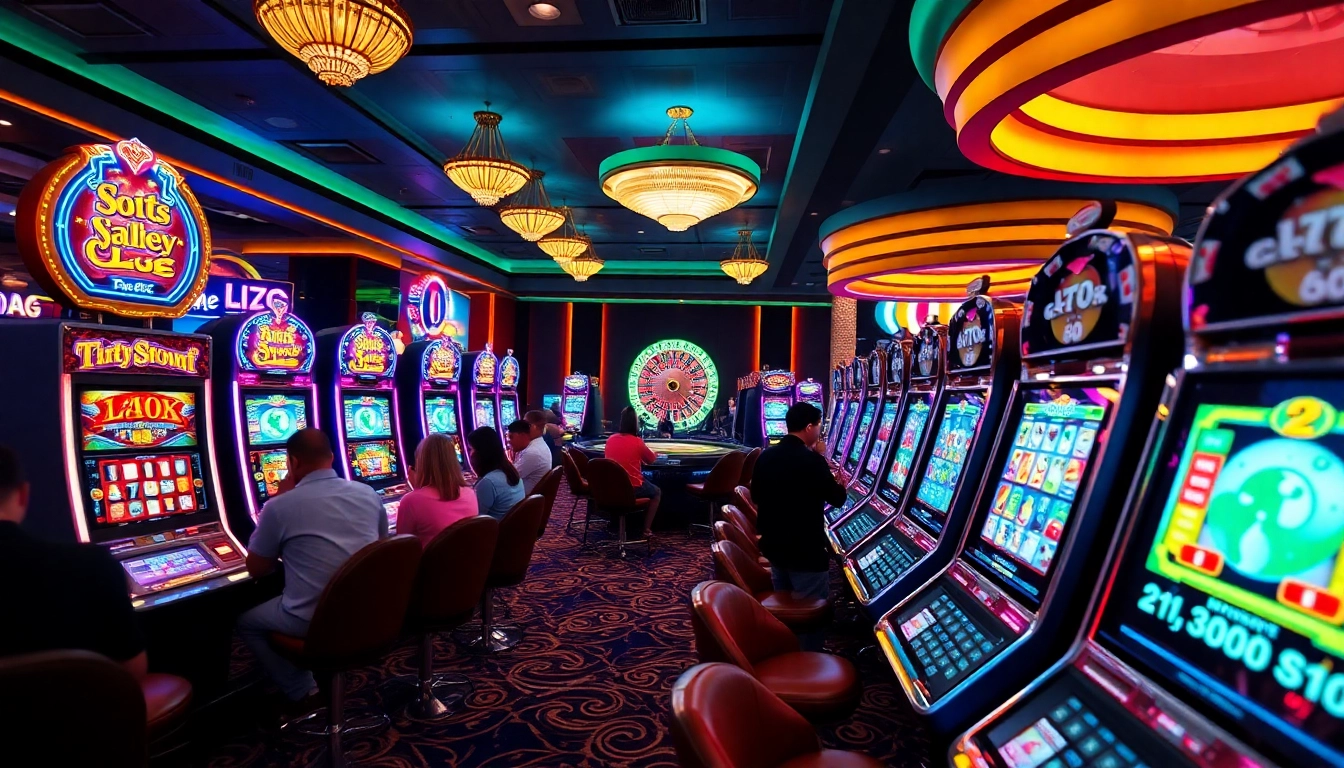 Experience the thrill of slot gacor with vibrant slot machines and joyful gamblers in a luxurious casino setting.