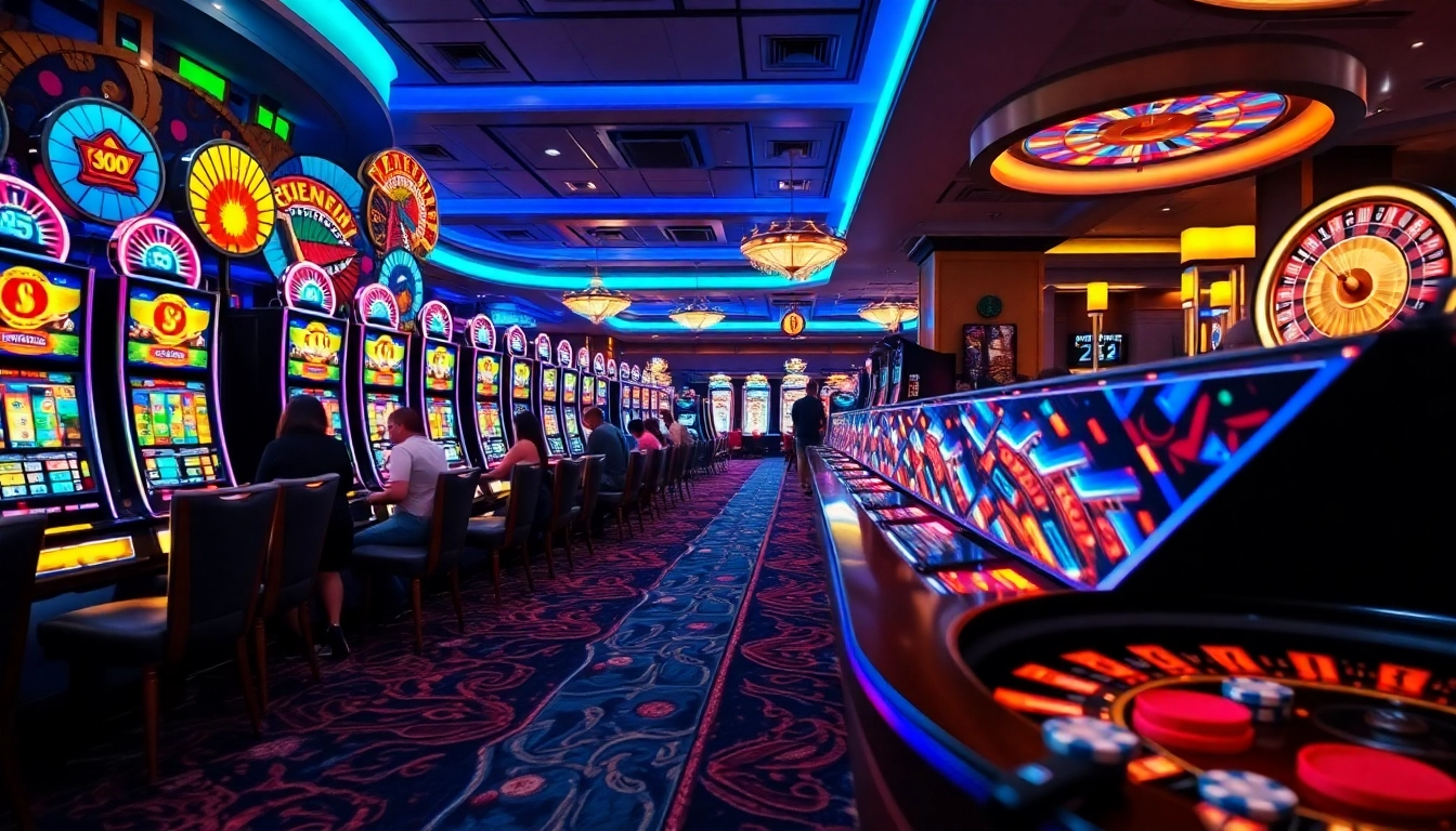 Excited players winning at ktpjitu's vibrant slot machines in a luxurious casino setting.