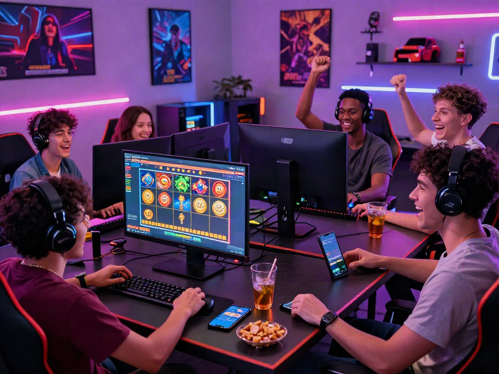 Friends enjoying an engaging toto slot online gaming session with vibrant graphics in a lively atmosphere.