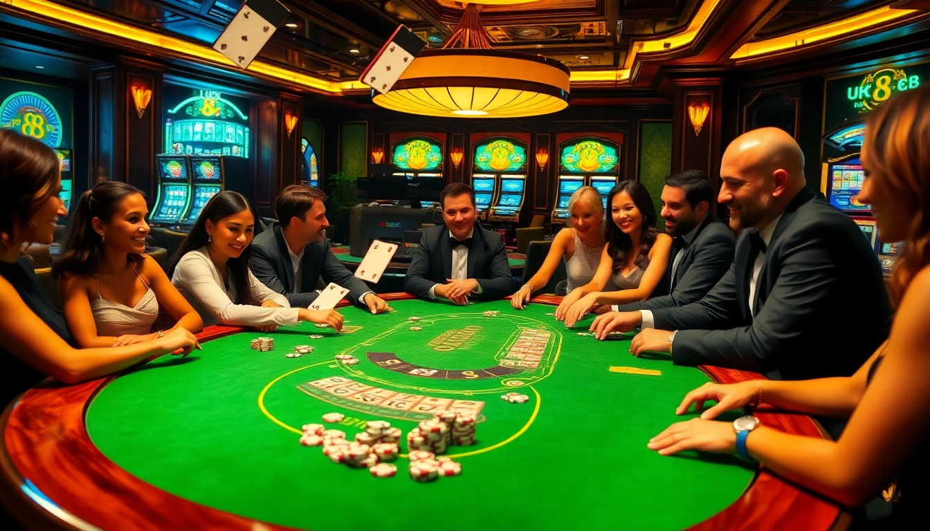 Experience the excitement of luck 8 at an upscale casino with lively blackjack gameplay and vibrant decor.
