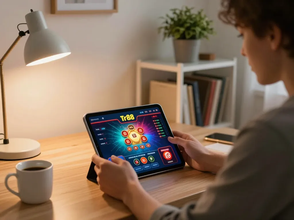 Engaging with the Tr88 casino app in a modern home gaming setup, promoting responsible gambling.