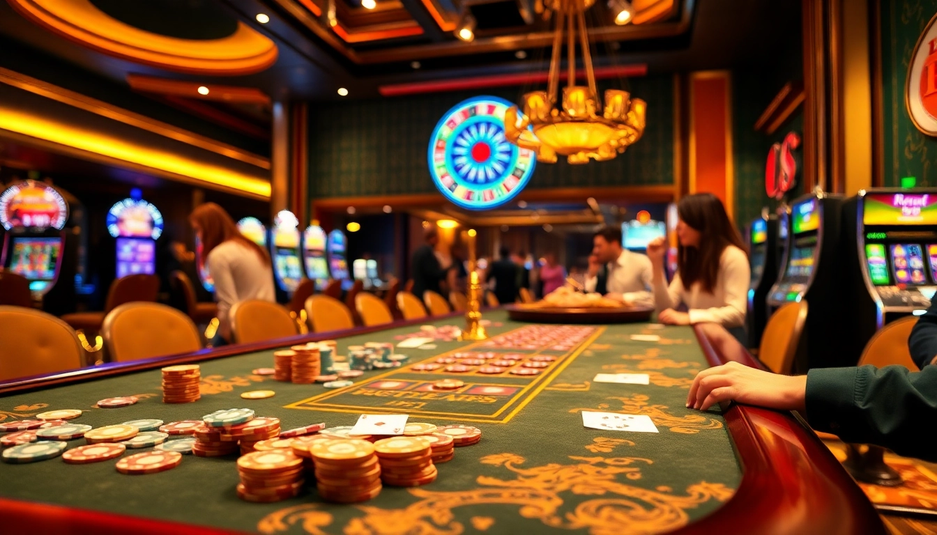 RR88-themed casino scene showcasing eager players at a vibrant gaming table.