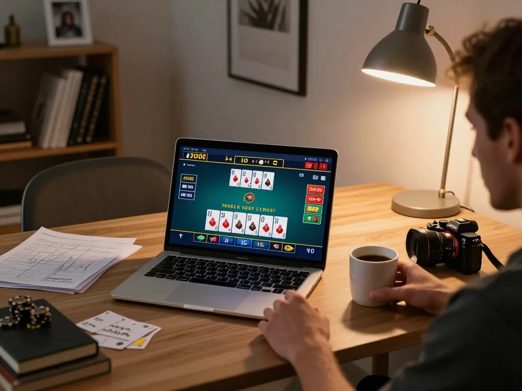 Engaging in keonhacai online poker gameplay at home with strategic planning notes and ambient lighting.