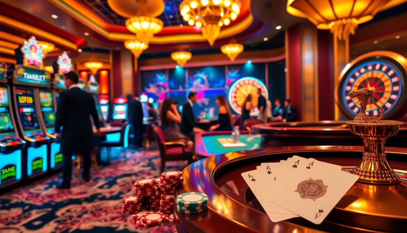 Experience the vibrant excitement of THABET casino with players enjoying blackjack and poker.