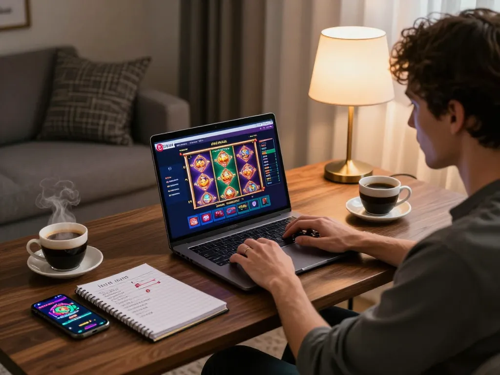 Player enjoying LGOLUX online casino games on laptop in a stylish home setting with strategic notes.