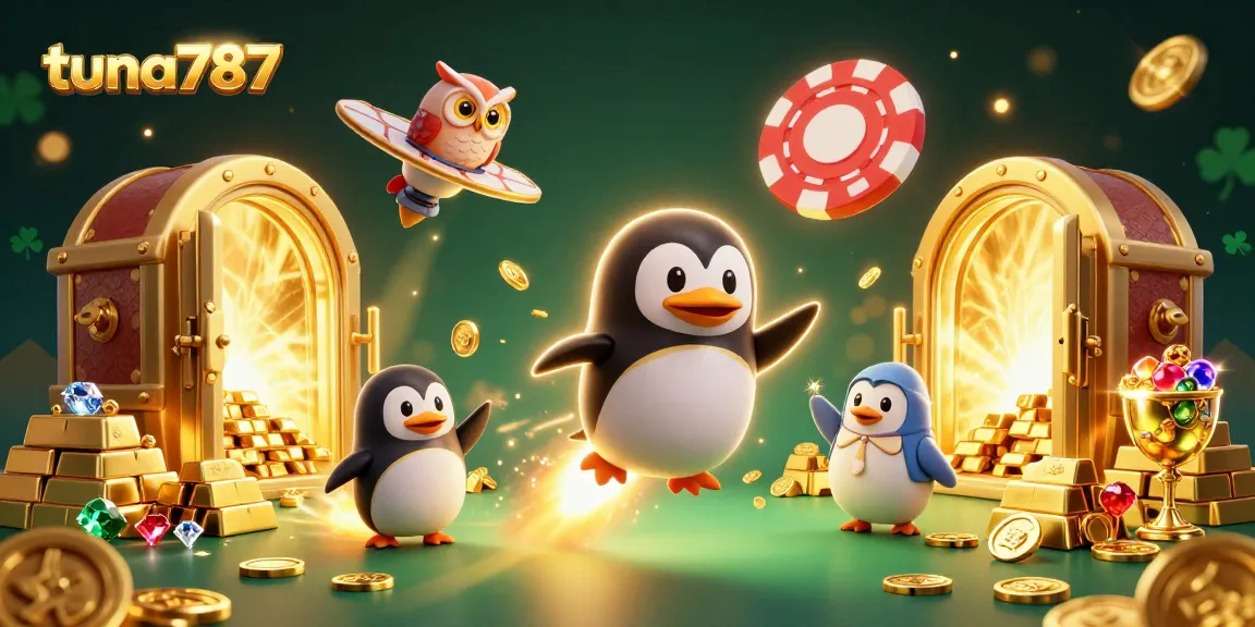 Memenangkan permainan slot di tuna787 dengan ilustrasi kasino yang berkilauan dan emas.