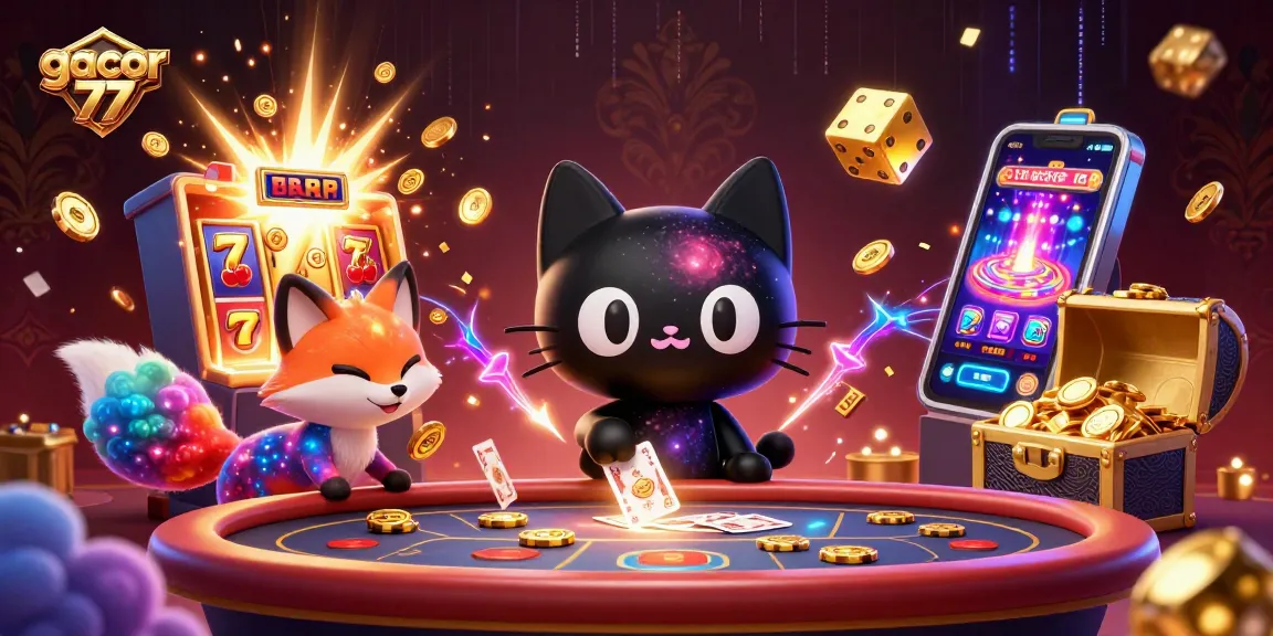 Bermain dengan gacor 77, kucing hitam berputar yang menarik chip emas di meja kasino mistis.