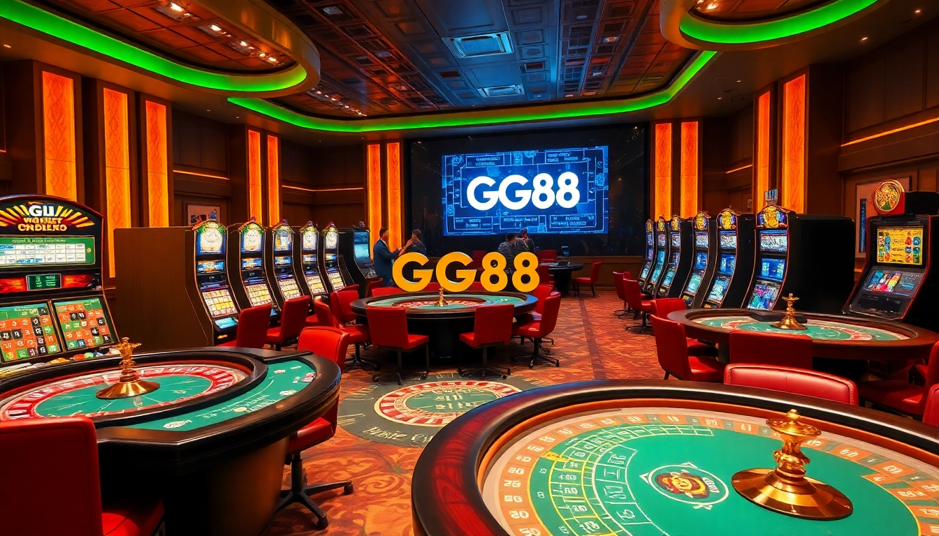 Experience the excitement of gambling at GG88 with vibrant gaming tables and slot machines.