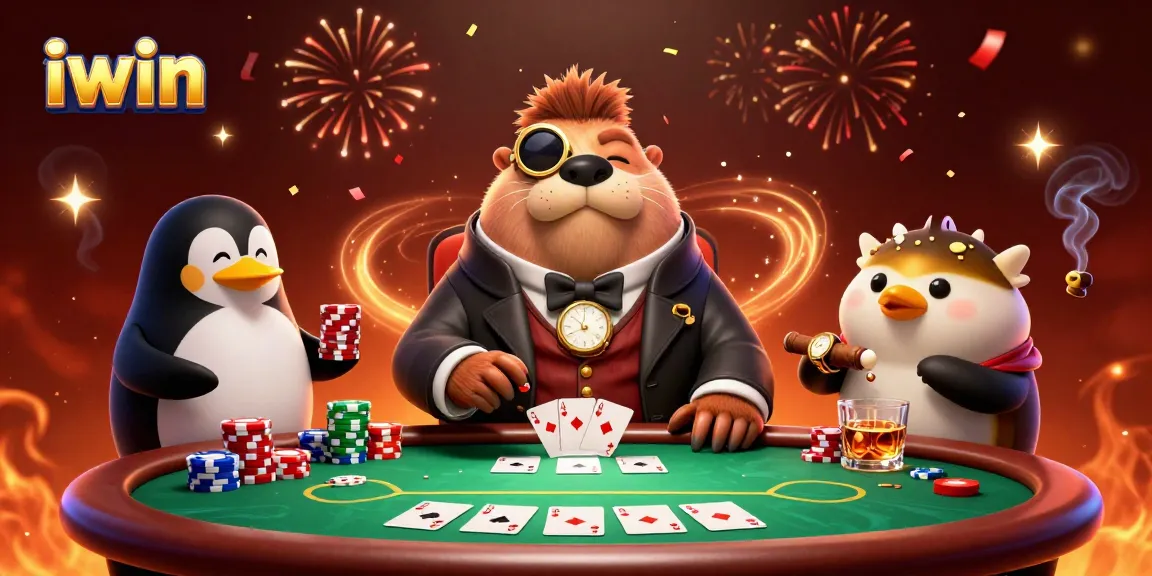 Experience exciting iwin poker gameplay with jolly walrus and friends in this vibrant underwater scene.