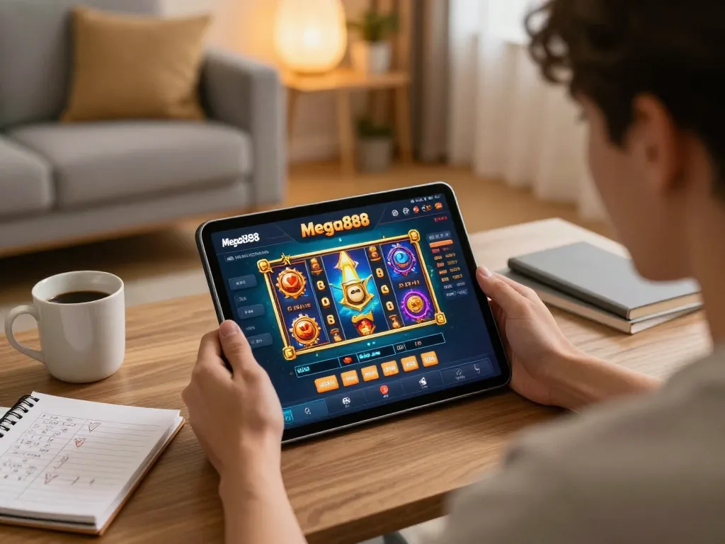 Engaging with free credit mega888 while playing vibrant slot games on a tablet in a cozy home setting.