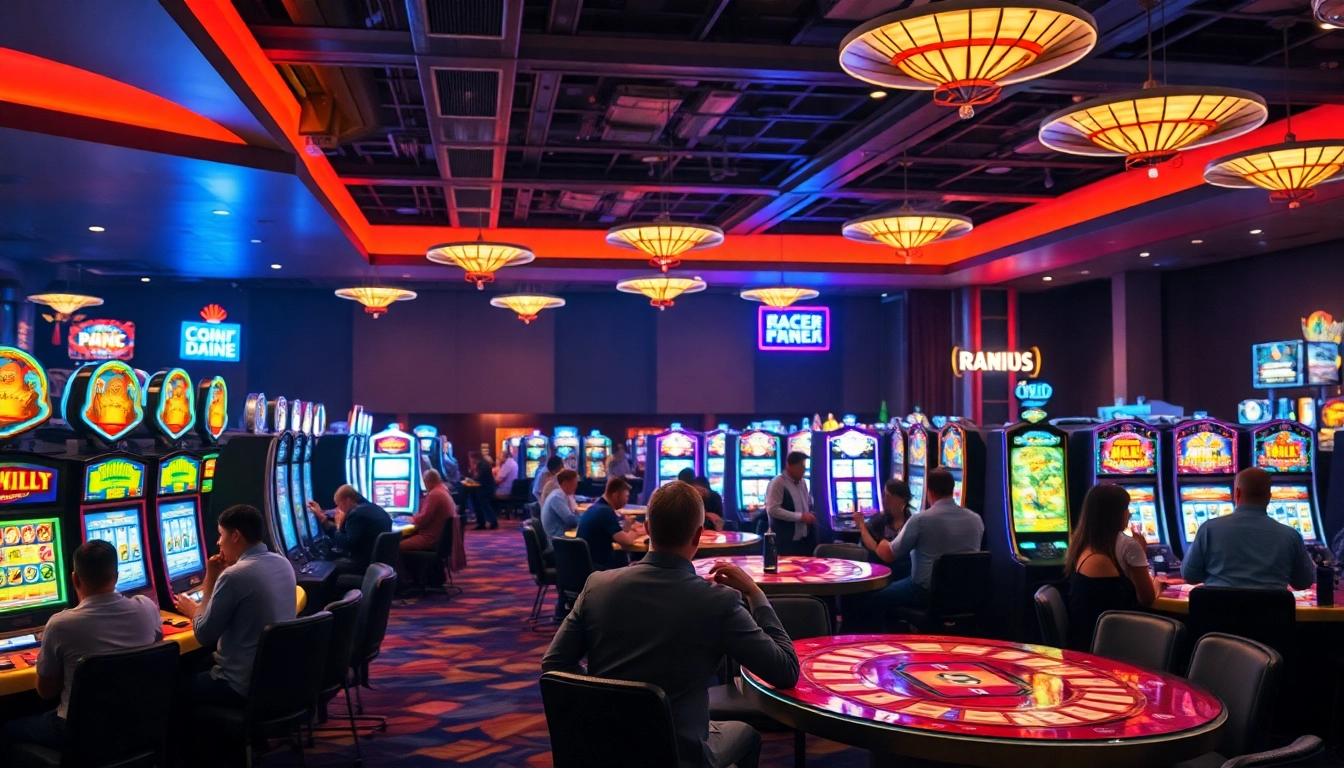 Pengunjung bermain di kasino situs gacor dengan mesin slot berwarna cerah dan suasana meriah.