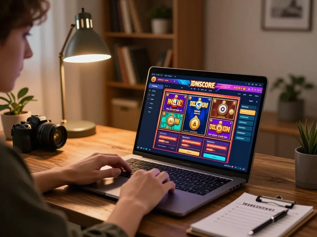 IDNSCORE user immersed in online casino gameplay with vibrant game interface and personal items.