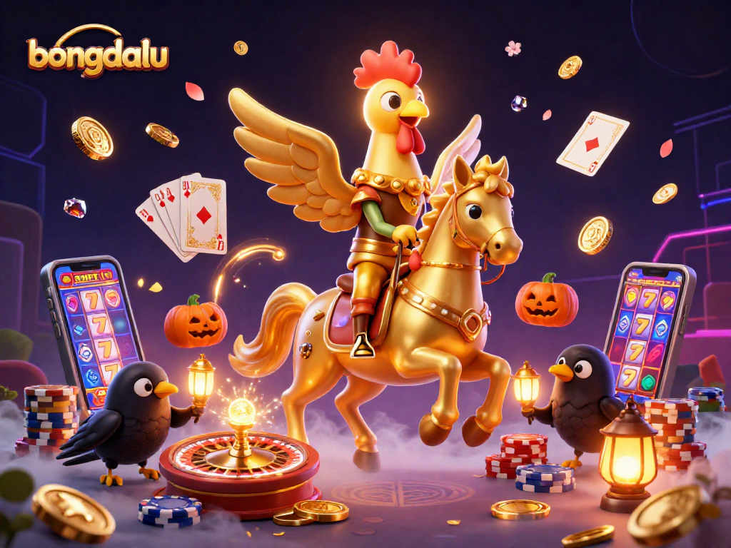 Bongdalu showcases a vibrant casino scene with a golden rooster character and pumpkin-crows amidst dazzling game elements.
