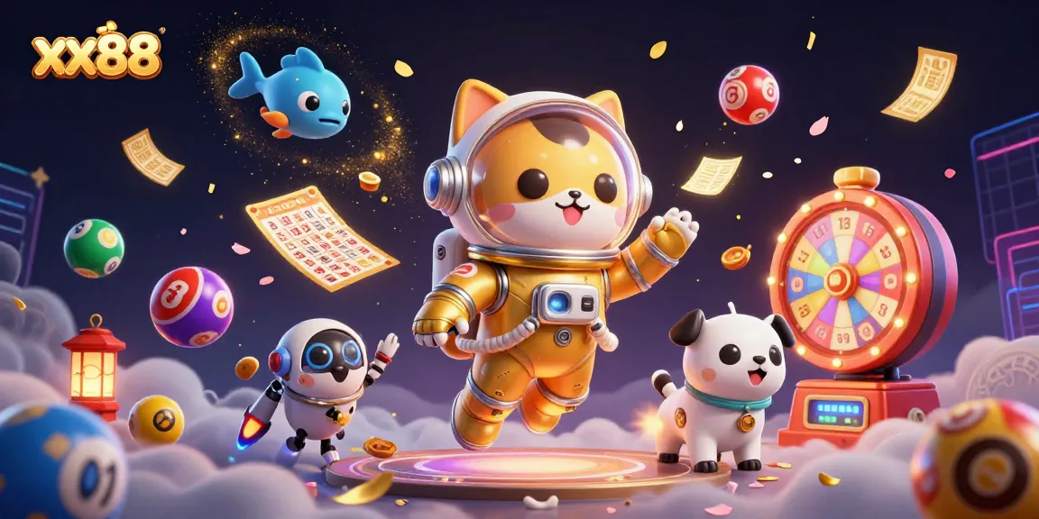 Experience excitement at xx88 with dynamic lottery balls and a colorful casino scene.