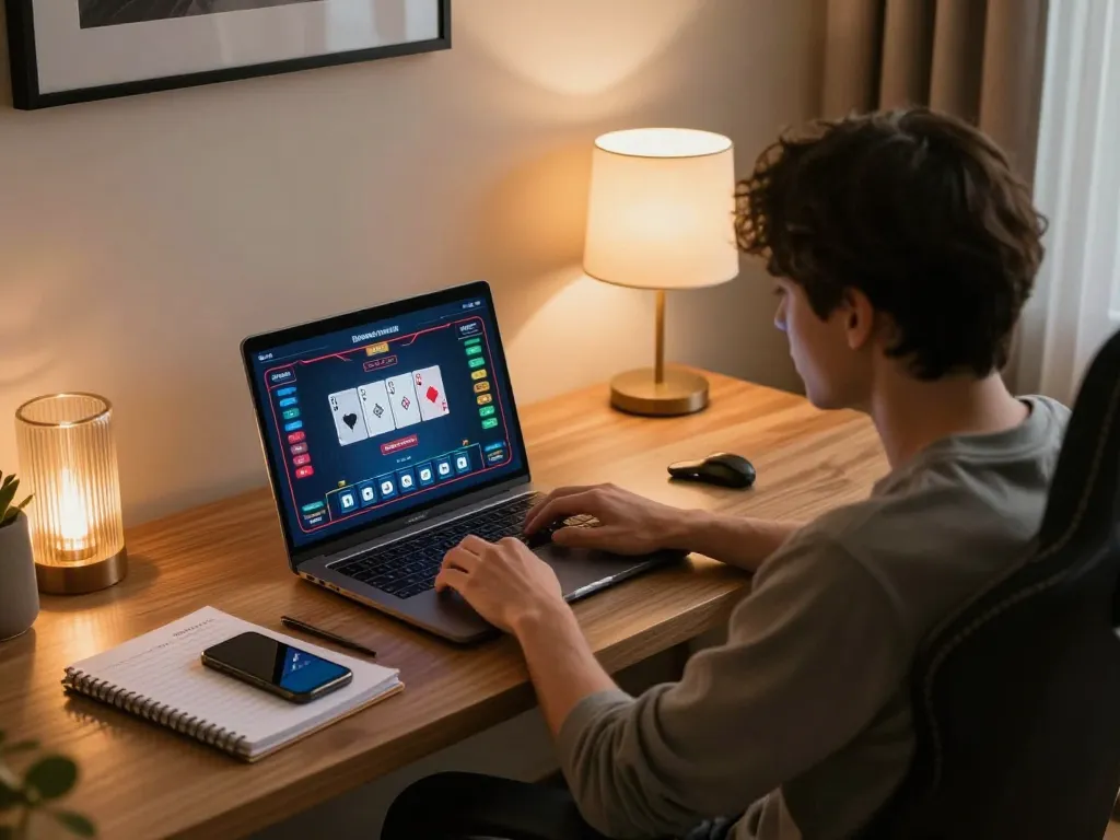 Engaged player on go8 online poker platform strategizing with chips and cards.