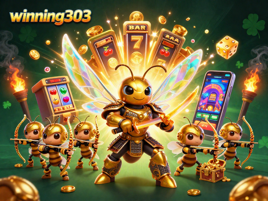 Winning303 captures the excitement of big jackpots with dazzling slot visuals and golden elements.