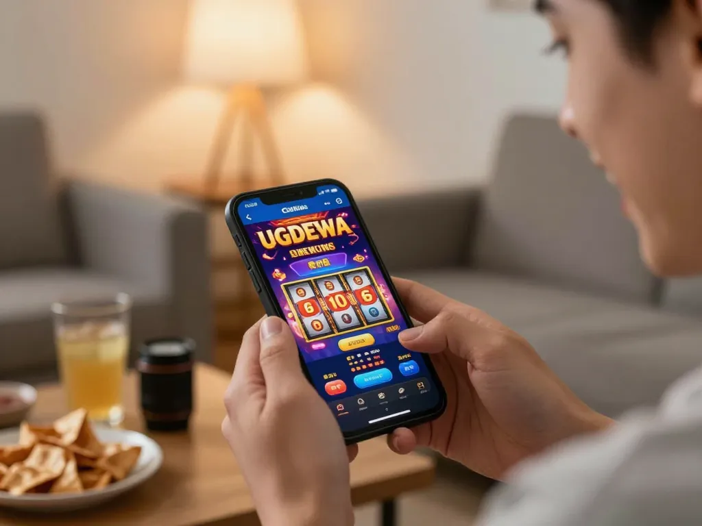 Engaging with the UGDEWA casino app on smartphone, showcasing dynamic slot gameplay.