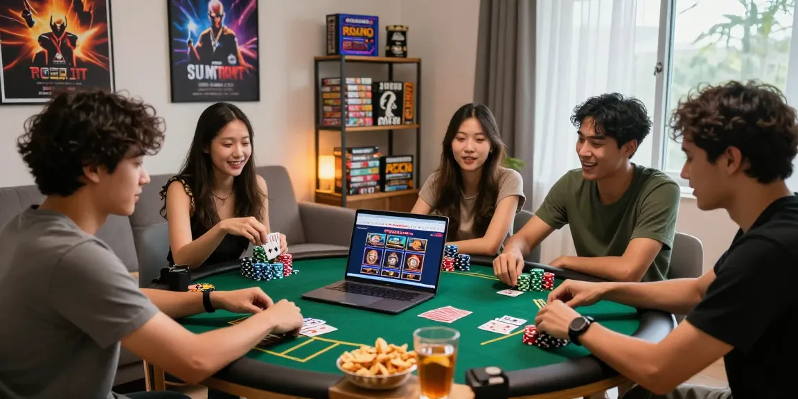 Friends enjoying pajaktoto gaming night with poker chips and snacks in a lively atmosphere.