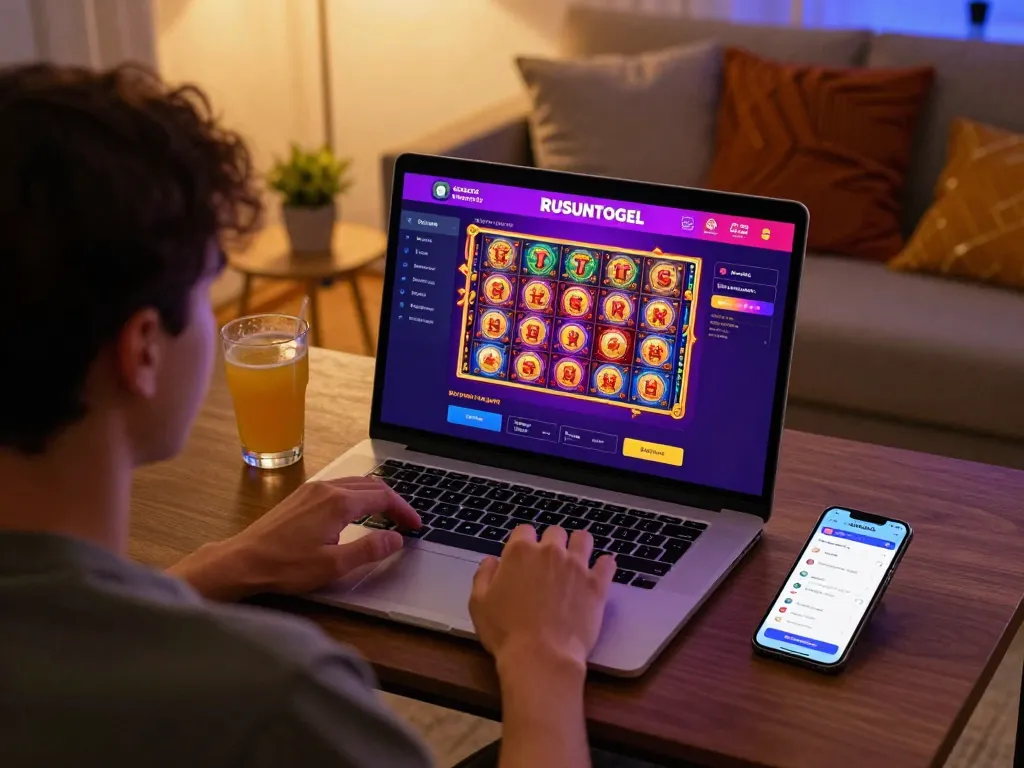 Player engaged in exciting online slot gaming on RUSUNTOGEL interface, showcasing dynamic elements and atmosphere.