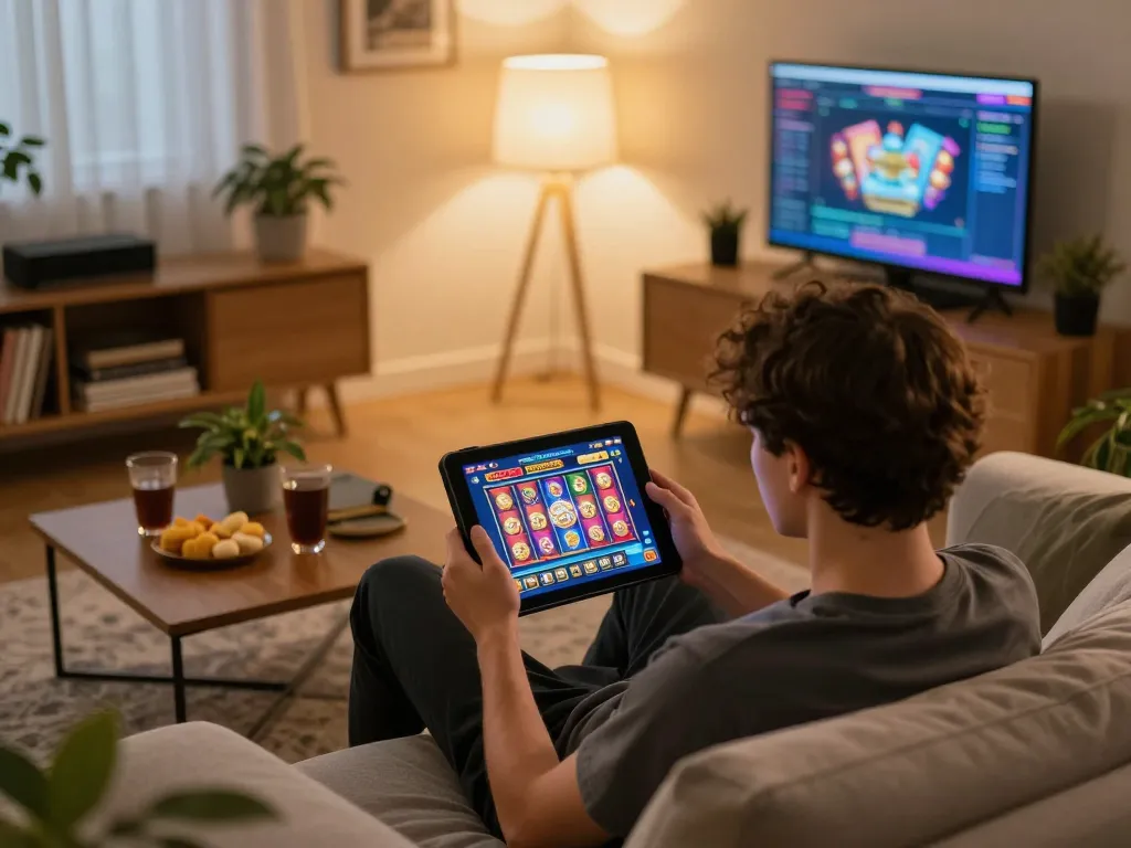 Engaging with Demo Slot Pragmatic on a tablet in a cozy home setting, showcasing relaxed online gaming.