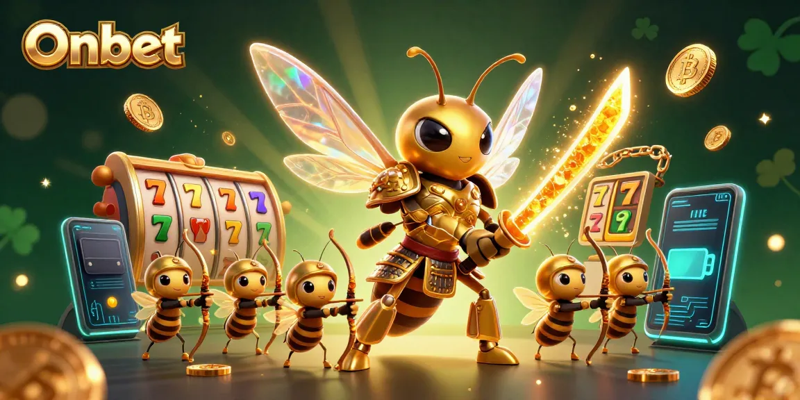 Experience the thrill of Onbet with a lively 3D casino scene featuring golden hornets and winning symbols.