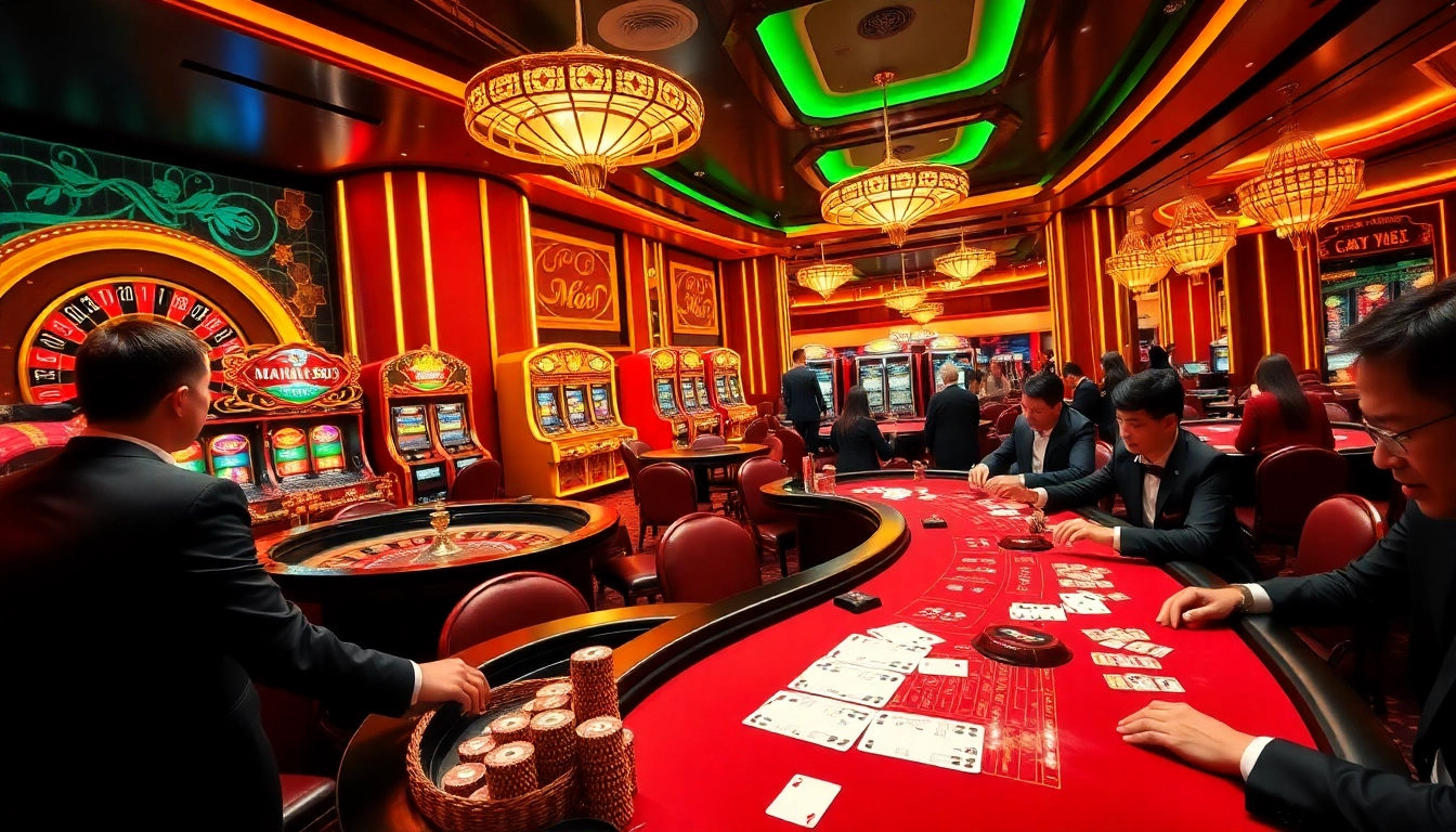 Exciting gameplay at Man88 casino featuring roulette, slot machines, and poker tables.