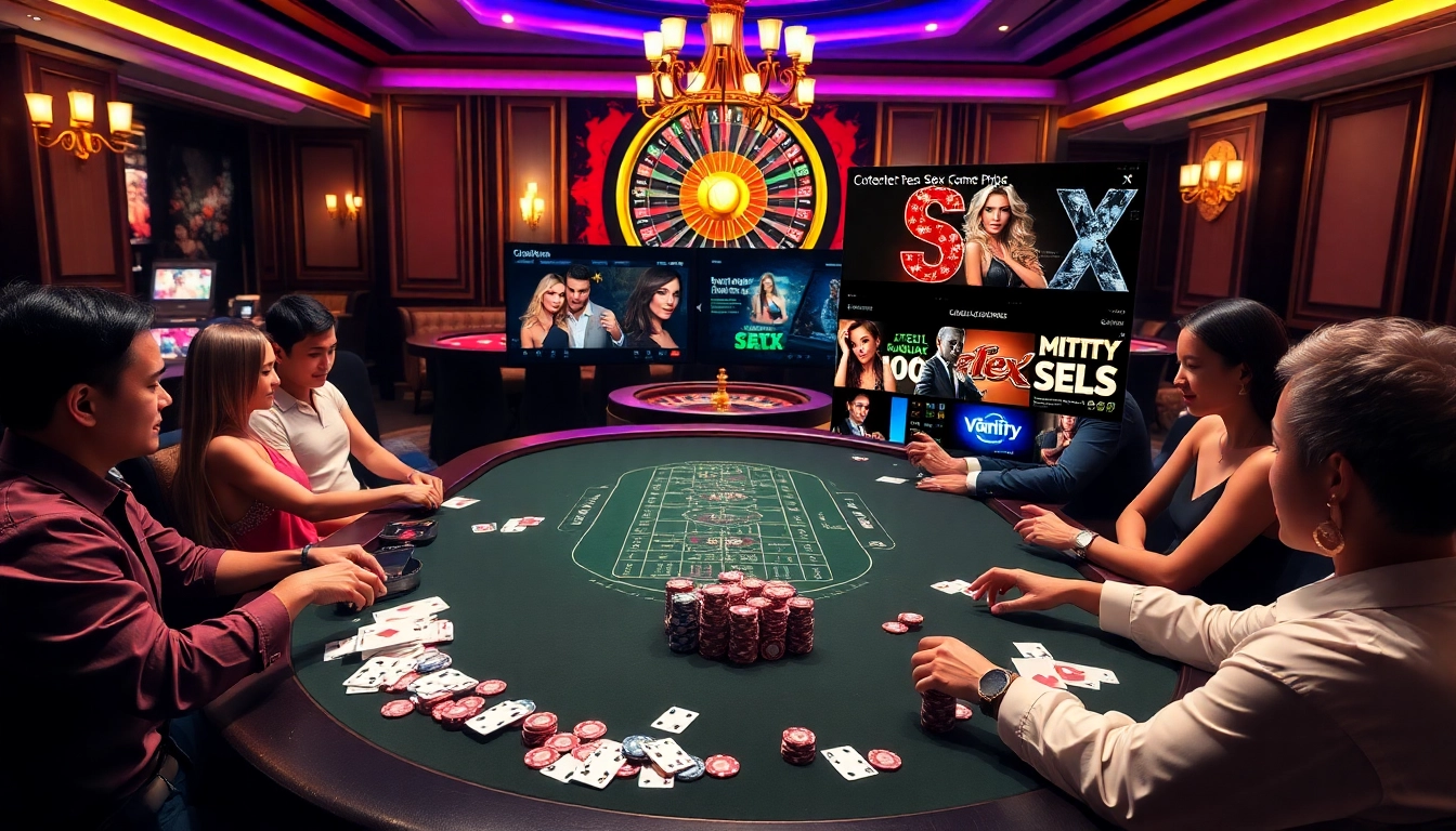 Engage with immersive sex games at a vibrant casino table featuring poker chips and cards.