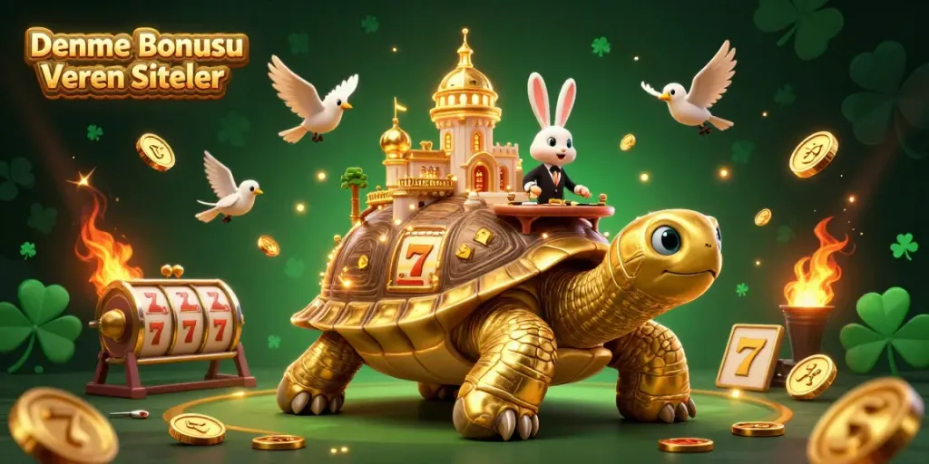 Experience exciting gameplay on Deneme Bonusu Veren Siteler with a vibrant casino scene featuring a golden tortoise, dealer, and flying coins.