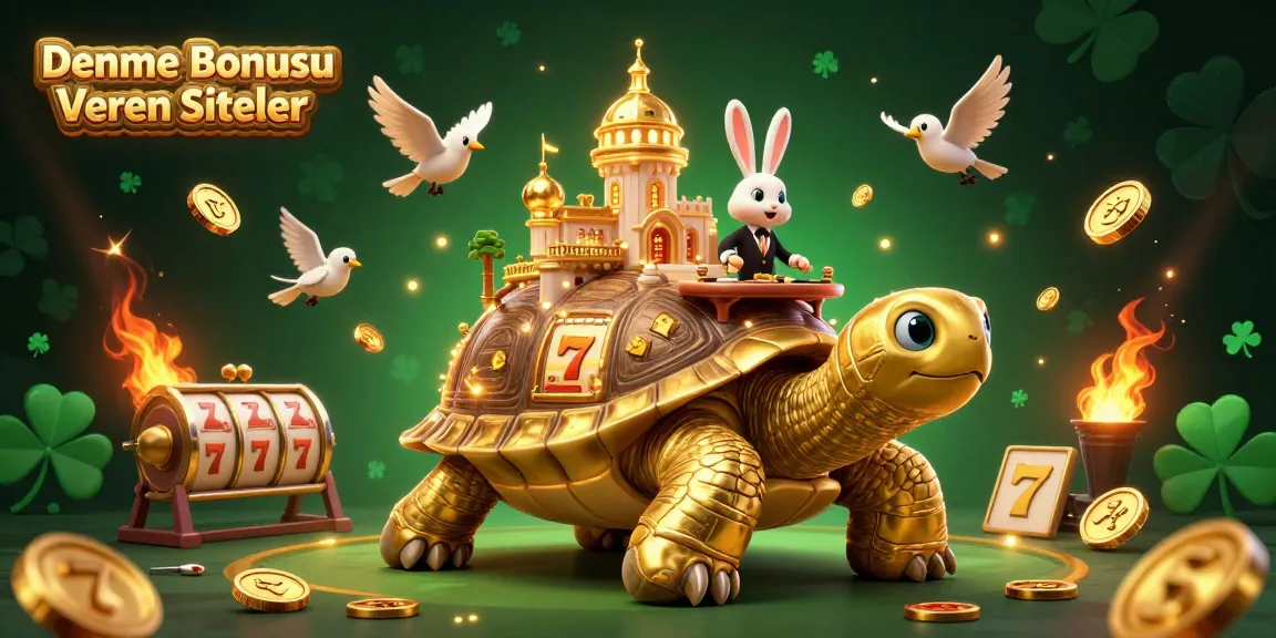 Experience exciting gameplay on Deneme Bonusu Veren Siteler with a vibrant casino scene featuring a golden tortoise, dealer, and flying coins.