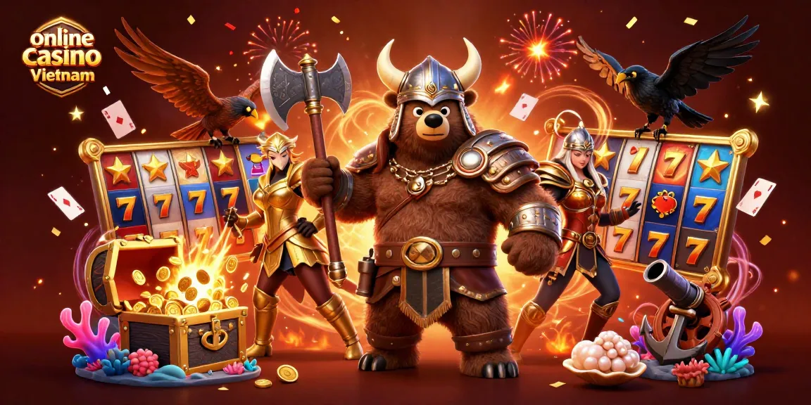 Experience thrilling action at the online casino Vietnam with colorful gaming elements, symbols, and engaging characters.