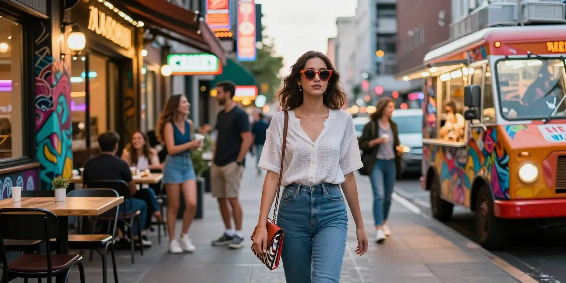 Trình diện một cô gái gọi trong trang phục thời trang hiện đại giữa ánh đèn neon.
