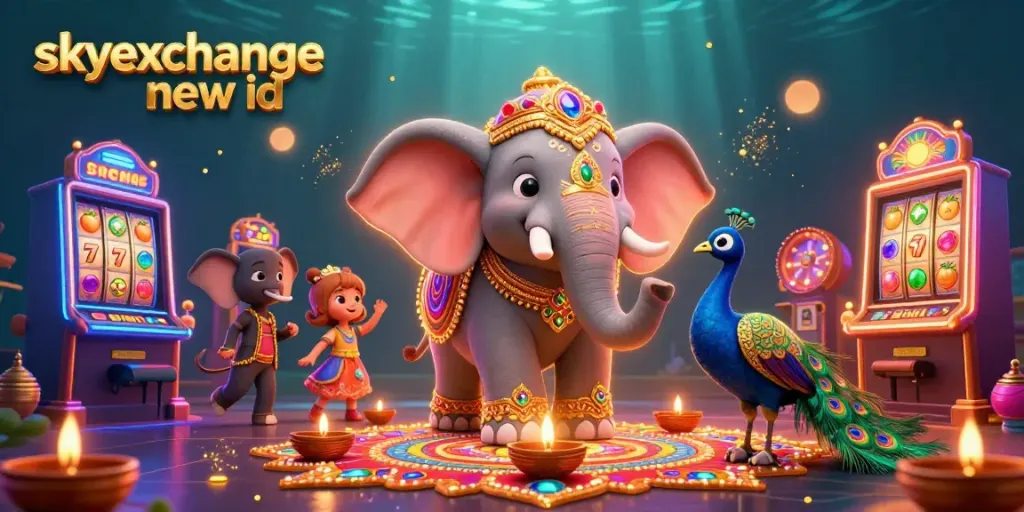 Experience skyexchange new id with a vibrant 3D scene of playful casino elements including slots and a Diwali-themed elephant.