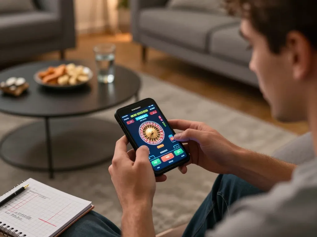 IDNSCORE player strategizing with mobile device during live casino gaming session at home.