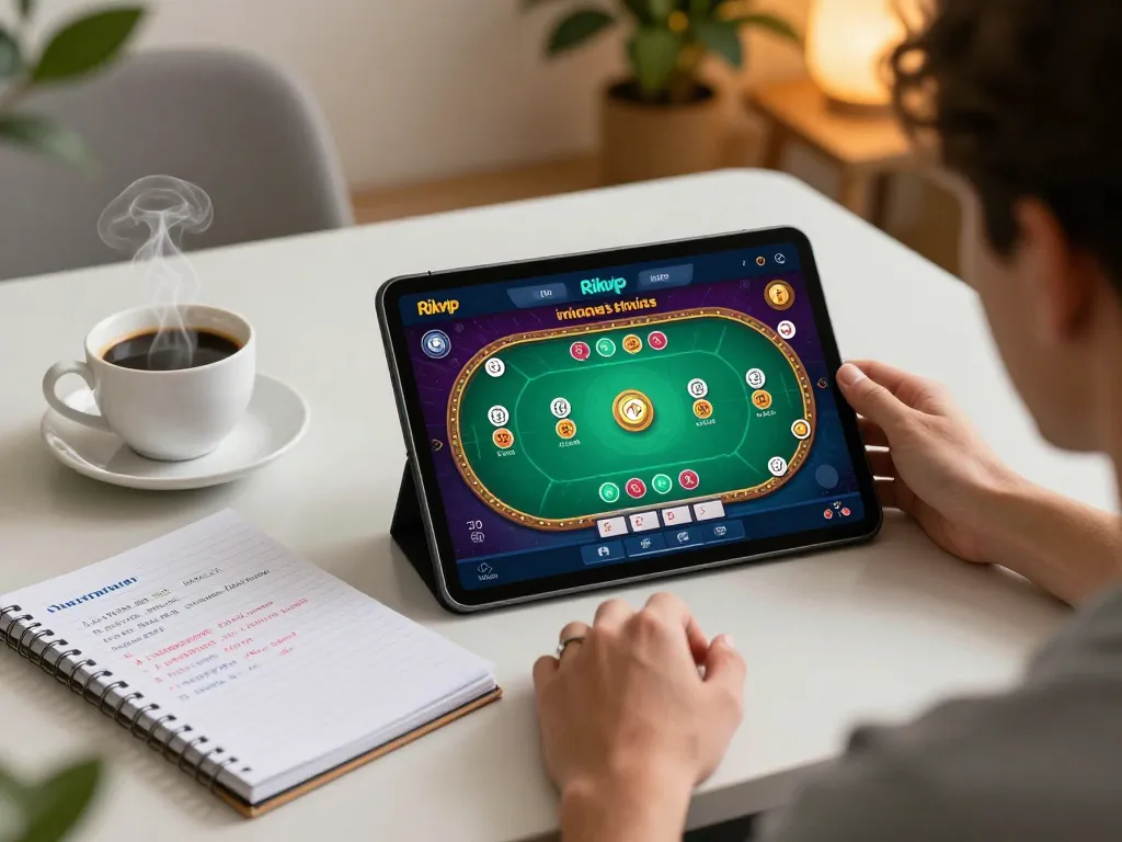 Engaging player enjoying Rikvip's poker game on a tablet, highlighting strategic gameplay.