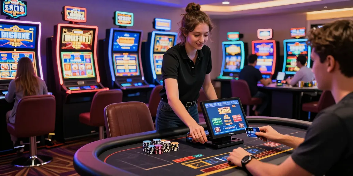 Engaging scene at credit card casinos like https://dea.org.uk with players enjoying games and using credit cards for fast deposits.