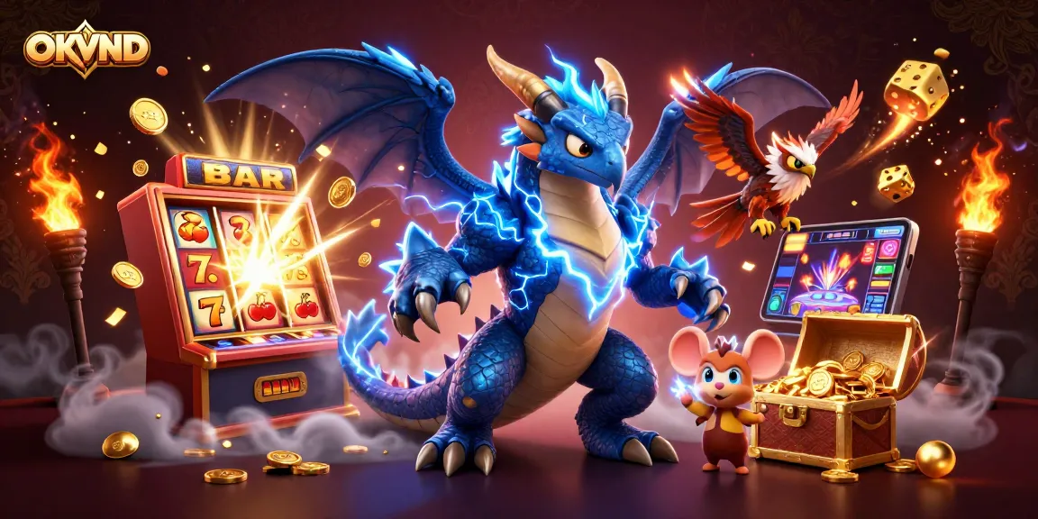 Experience the thrilling action of OKVND casino with dynamic slot machine and character-rich scene.